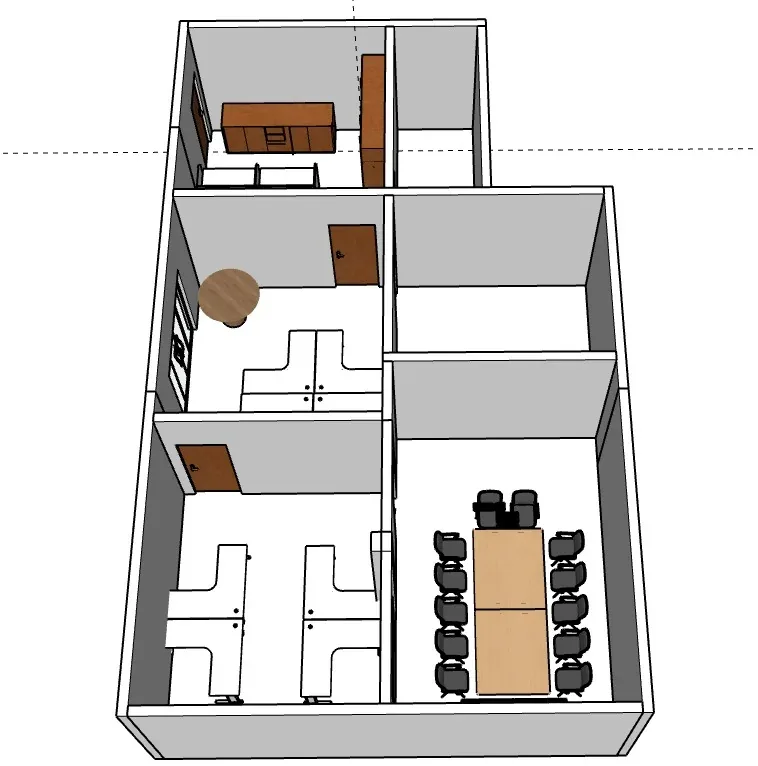 Estudo 3D do layout dos ambientes — projeto, com salas, copa e sala de reunião