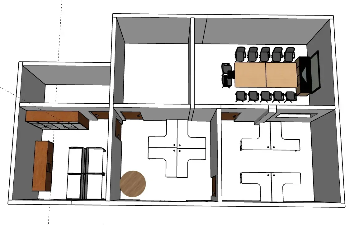 Estudo 3D do layout em vista geral — projeto, com a distribuição das estações de trabalho