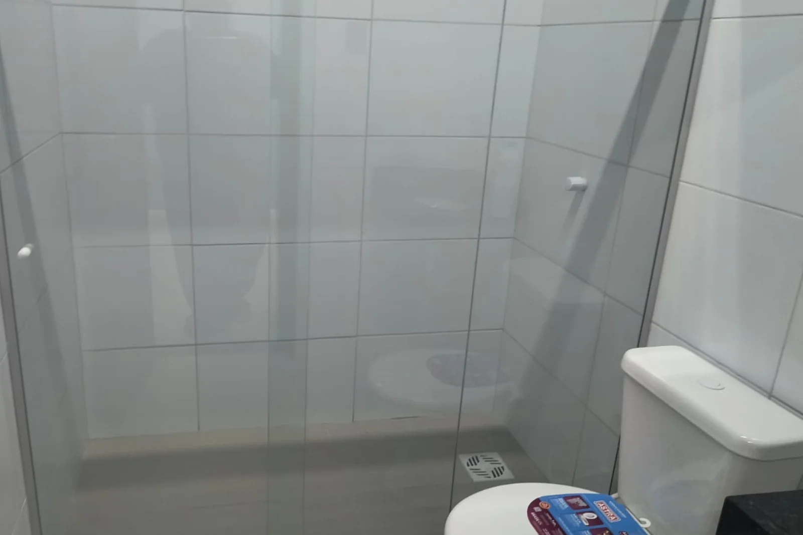 Box em vidro e revestimento branco do banheiro